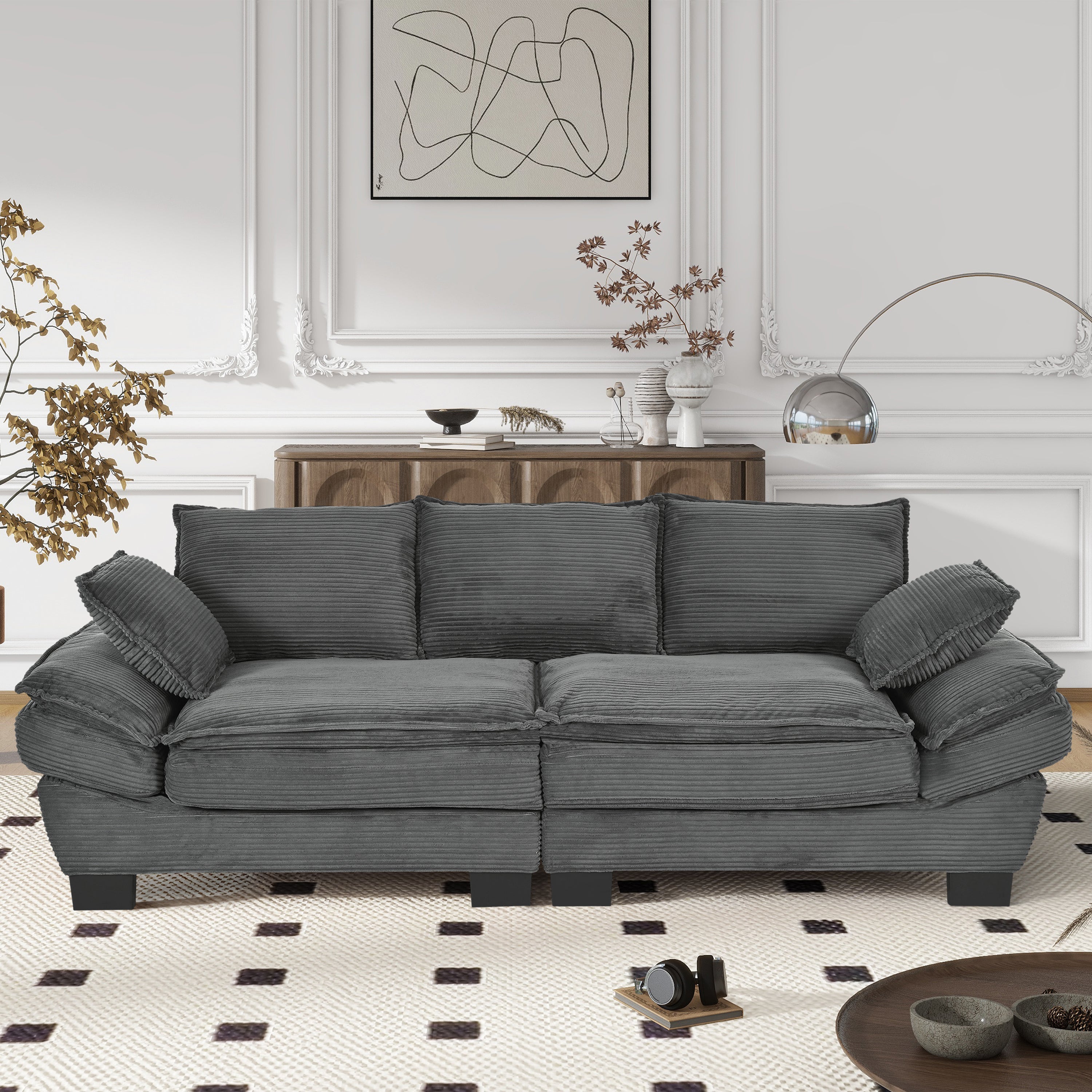 Gray corduroy U-shape curved sofa — front view