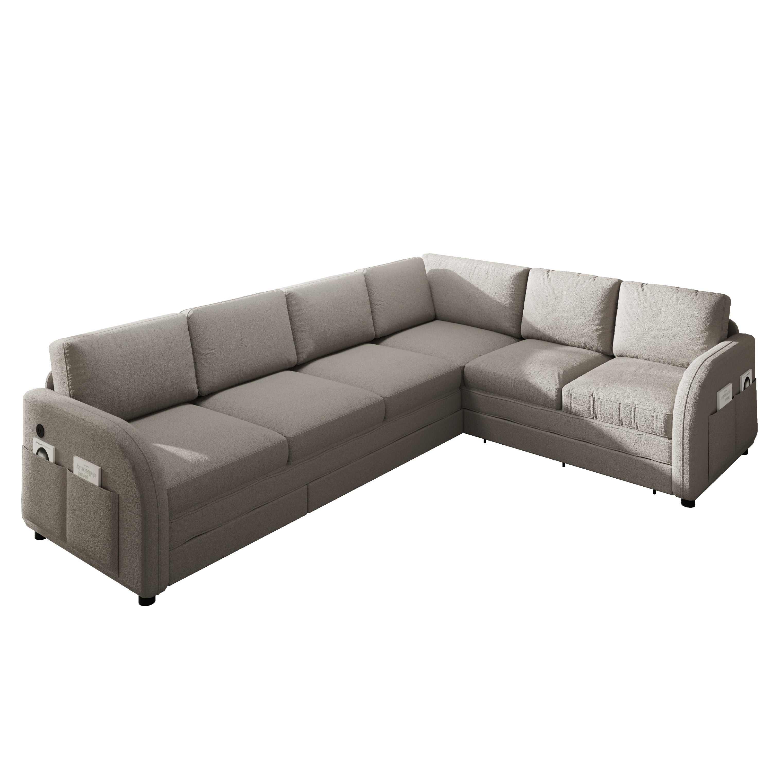 115.2' L-Shaped Sofa Couch with Pull-Out Bed,Oversize Convertible Sleeper Sofa with side Pocket & USB Port,Teddy Upholstered Sectional Couches with Convert Left/Right Facing, Light Grey