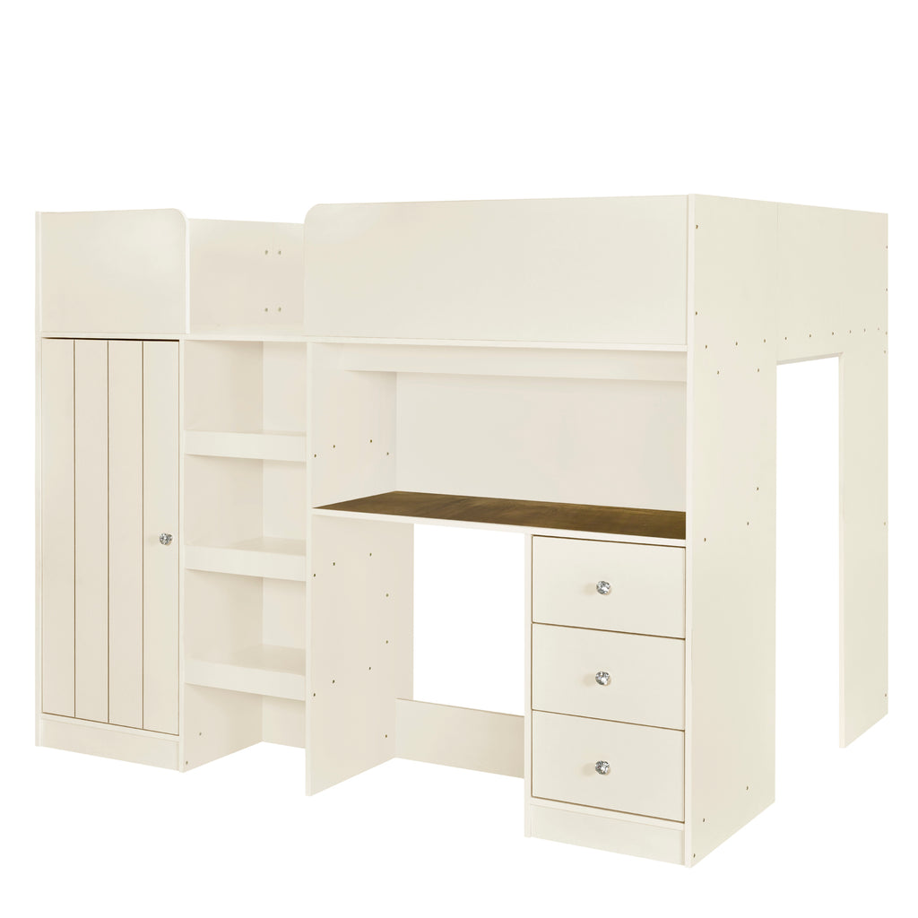 Built-in wardrobe and drawer storage under loft bed
