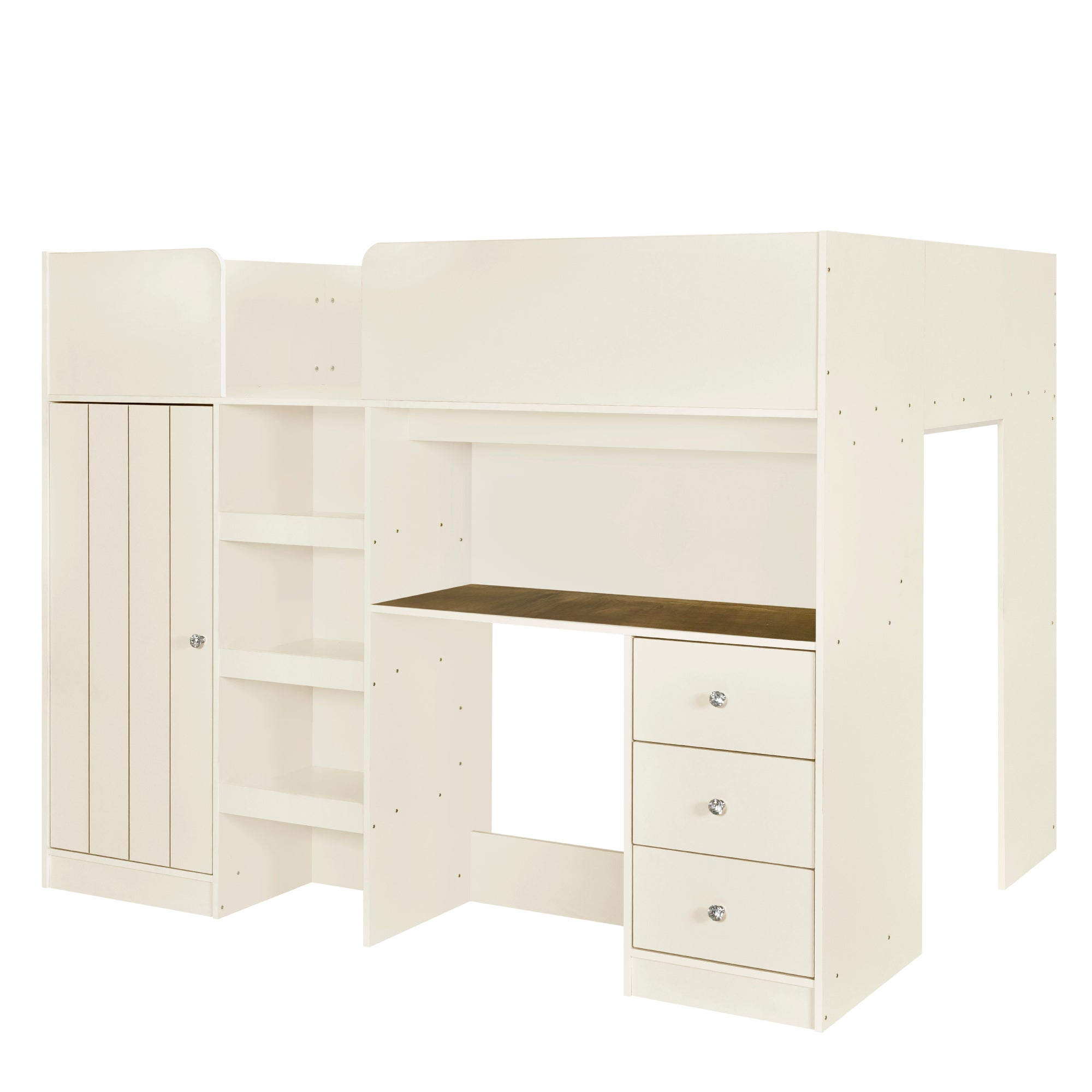 Built-in wardrobe and drawer storage under loft bed
