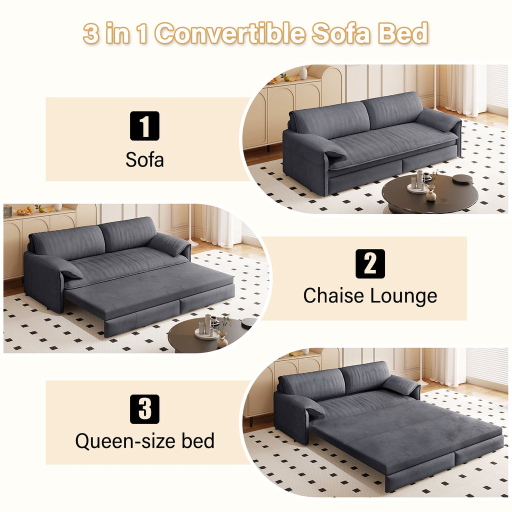 66' Queen Pull Out Sofa Bed, 3-in-1 Convertible Sleeper Sofa with Side Storage,Multi-Functional Velvet Loveseat Bed for Living Room, Black