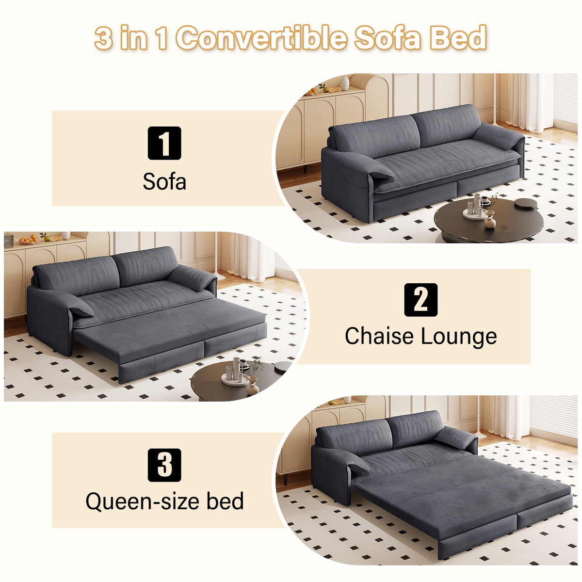 66' Queen Pull Out Sofa Bed, 3-in-1 Convertible Sleeper Sofa with Side Storage,Multi-Functional Velvet Loveseat Bed for Living Room, Black