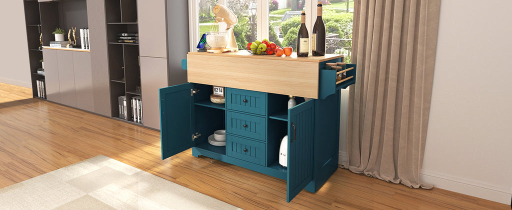 K&K 55.7'' Large Kitchen Island with 2 Drop Leaf,, Rolling Kitchen Cart on 5 Wheels with Power Outlet, Folding Storage Dining Table with Spice & Towel Rack , 3 Drawers, for Kitchen, Dining Room,Black