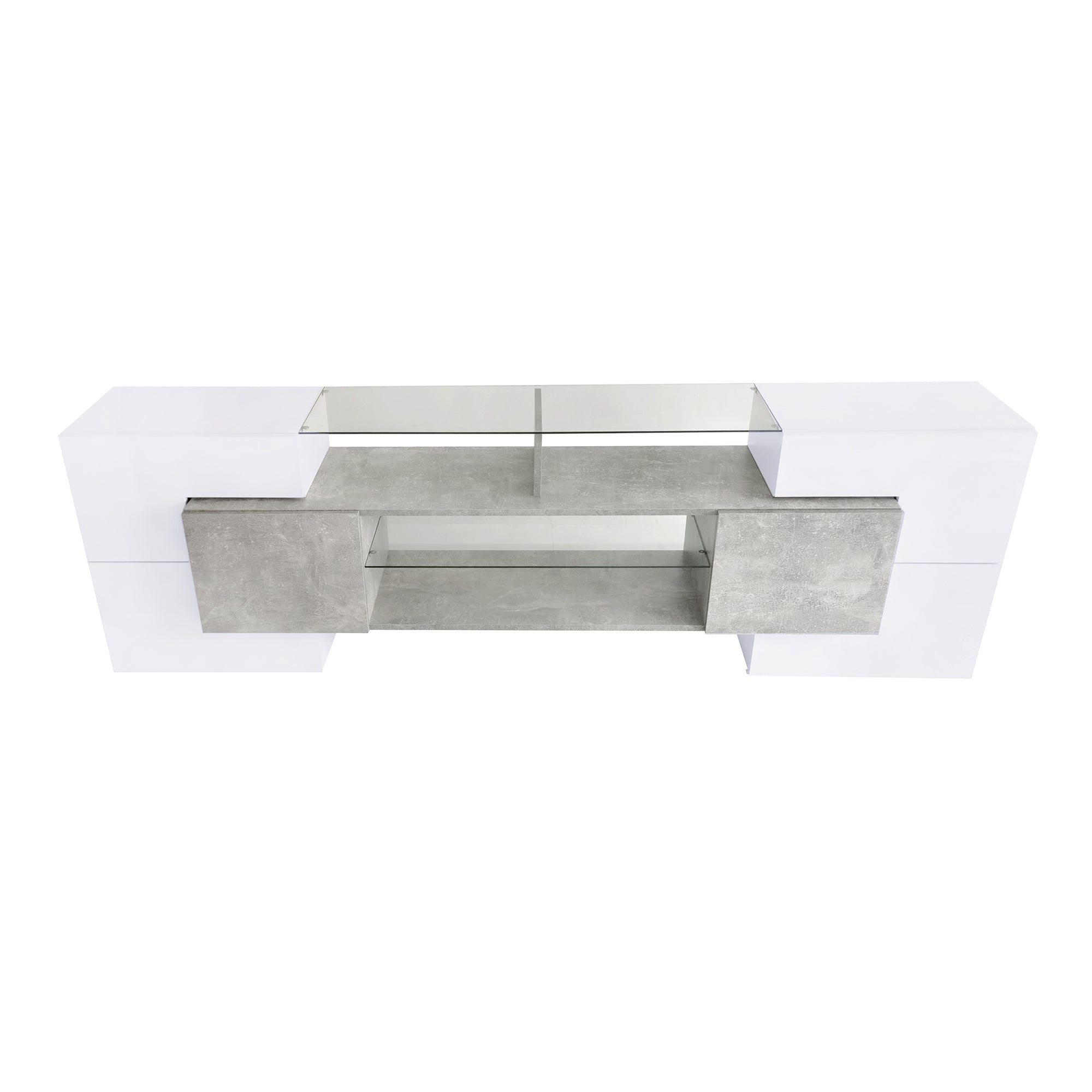 Grey high gloss TV stand with gaming console storage