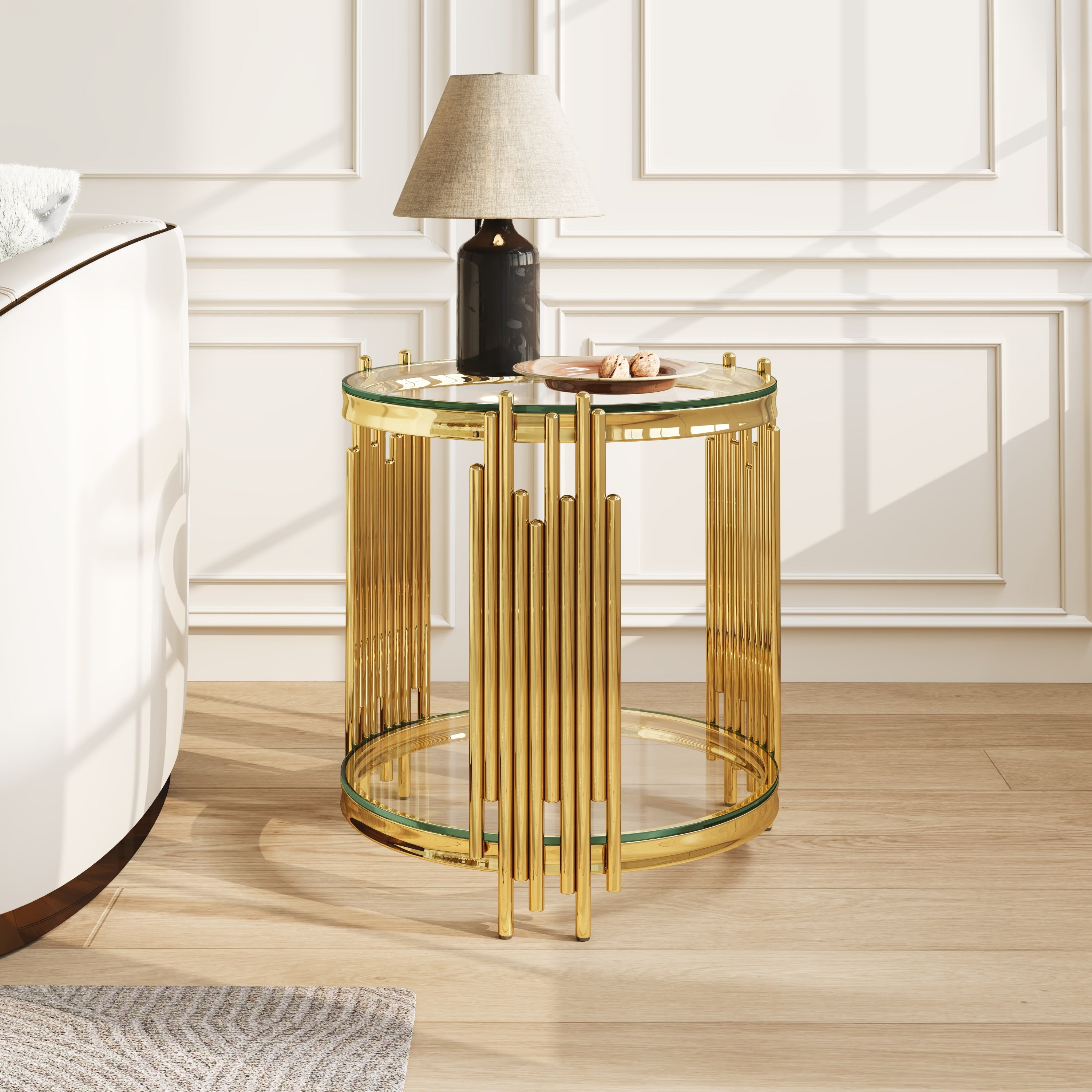 19.7' Round Glass End Table, 2-Tier Glod Side Table with Stainless Steel Legs and Clear Tempered Glass, Modern Luxury End Table for Living Room Home Office