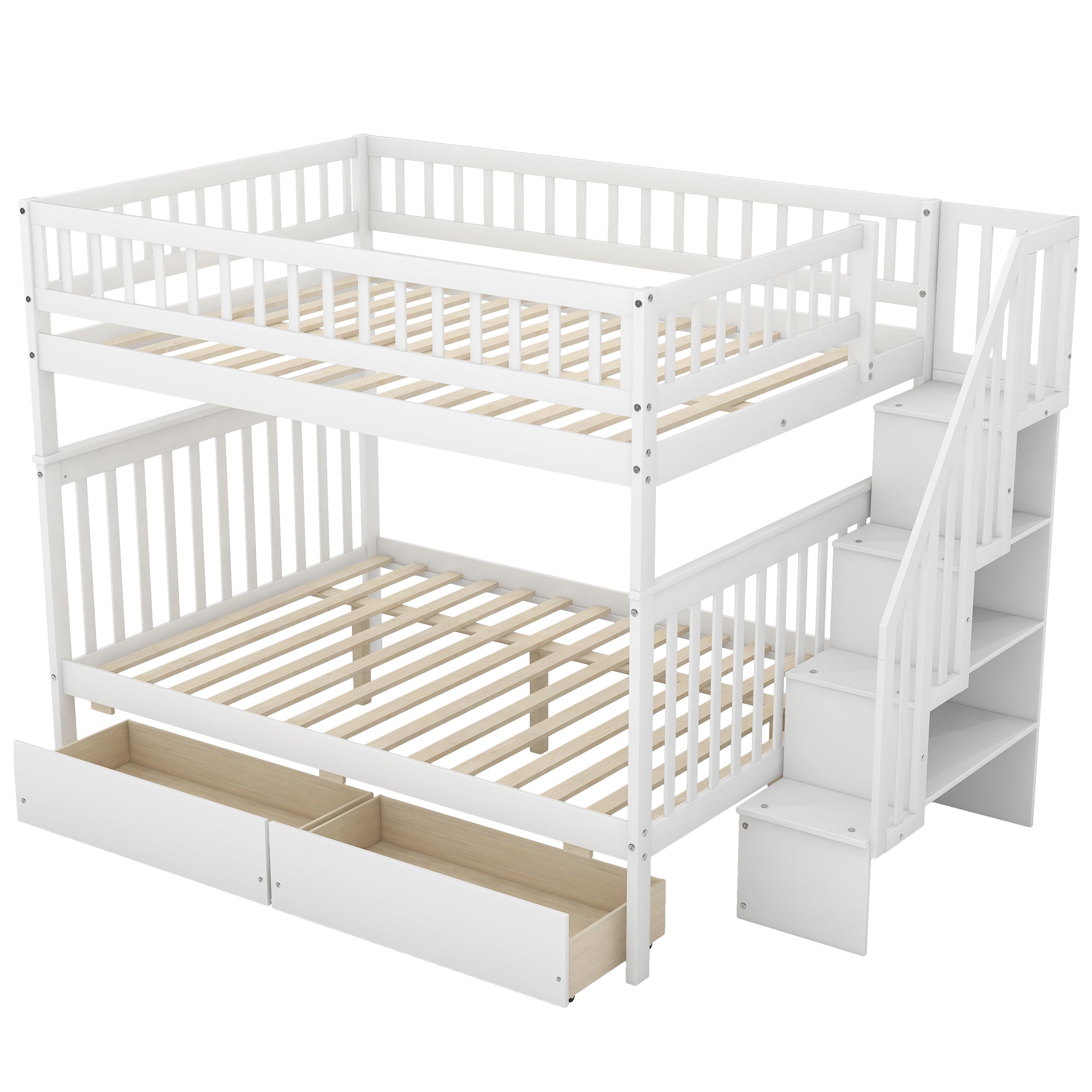 Full-over-full bunk bed ladder with inclined handrails — safety detail