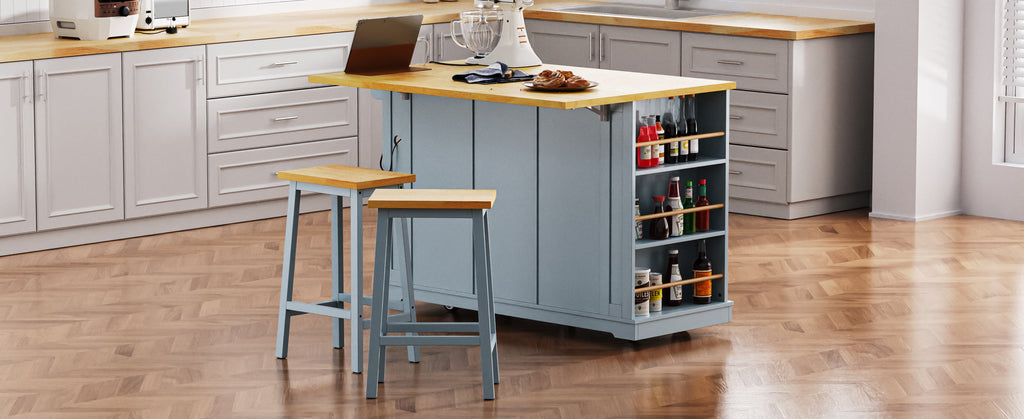 K&K 53inch Large Kitchen Island with Drop Leaf,Power Outlet,Door Internal Storage Rack,Rolling Kitchen Cart on 5 Wheels with 5 Open Side Racks for Kitchen,Black(Two Packages)(Stools not included)