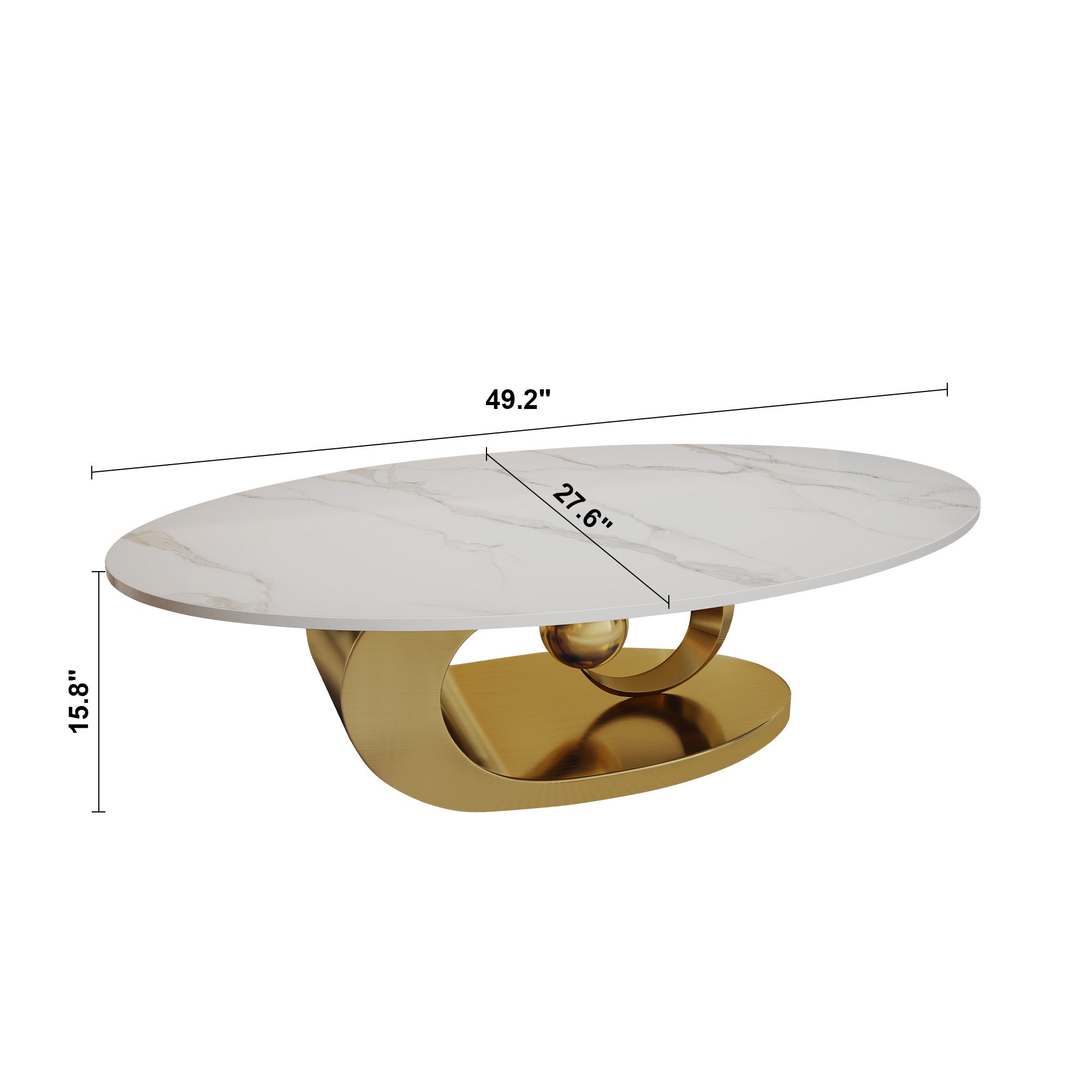 Modern oval coffee table gold veined marble top — angle view