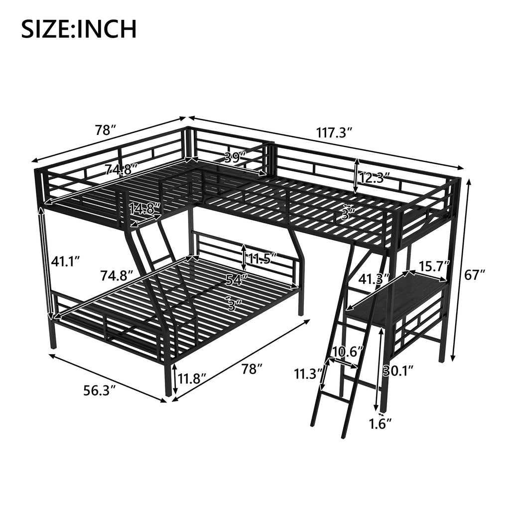 Black twin over full bunk bed with twin loft and integrated desk