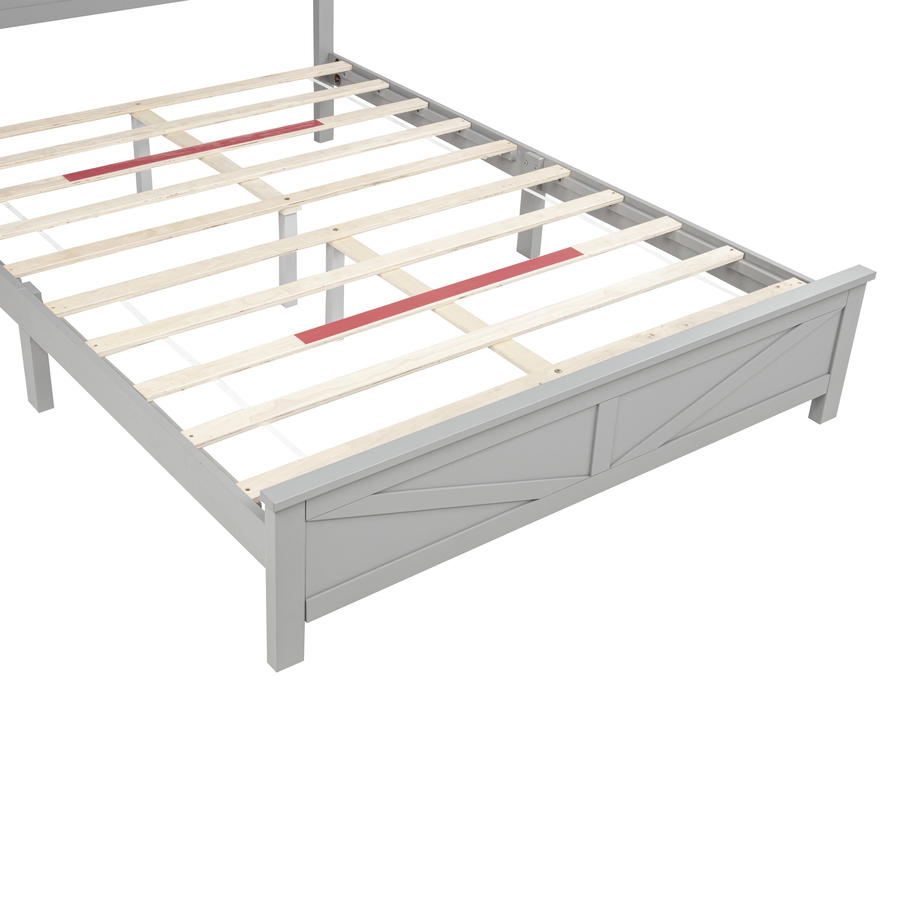 Farmhouse Style Queen Size Bed with Barn Door Designed Headboard and Footboard, Pinewood Bed with Strengthened Bed Frame ,White