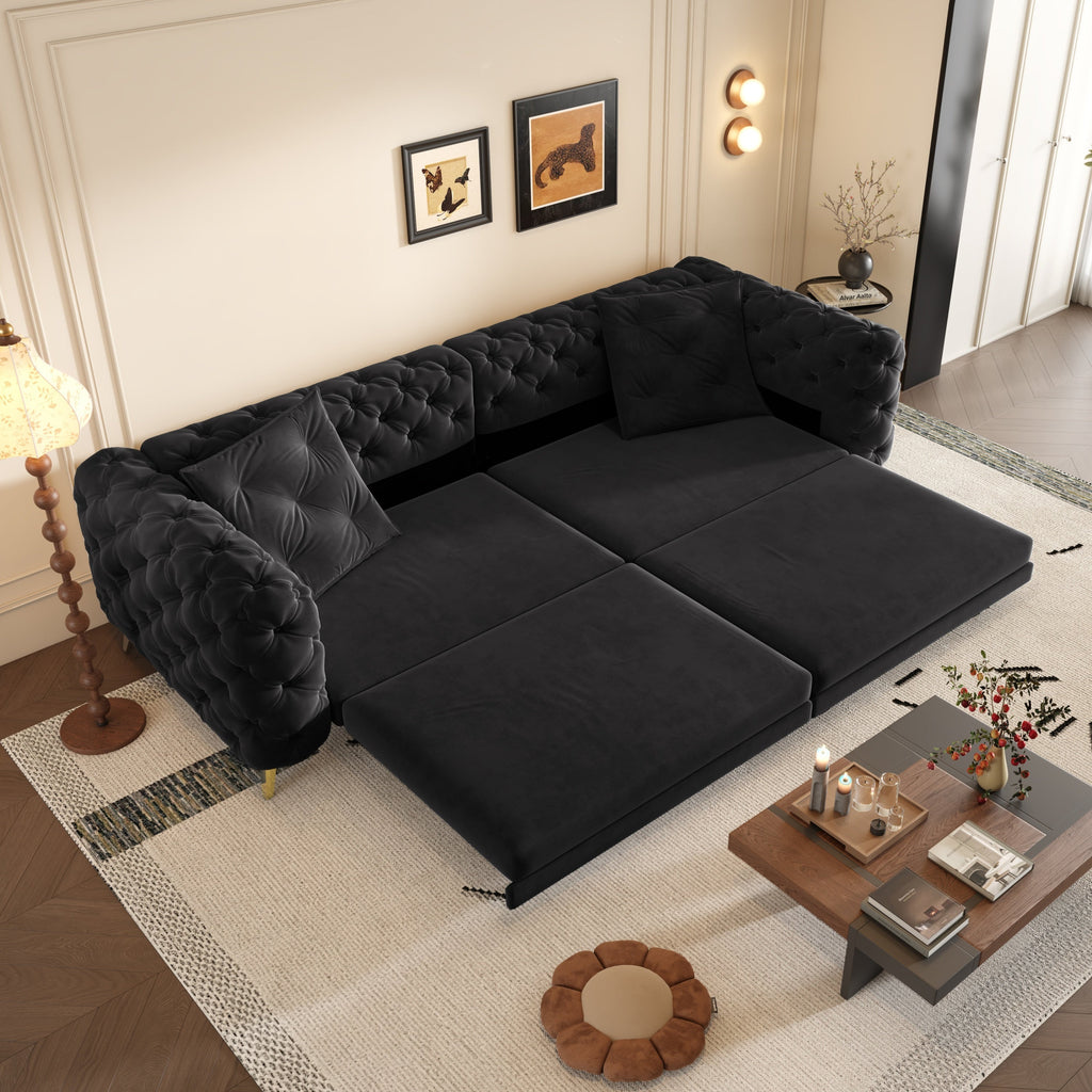 97.7' 3-in-1 Convertible Sleeper Sofa, 28.4' Deep Seat Pull Out Sofa Bed,Button Tufted Modern Sofa, 4-Seater Couch with Movable Ottoman for Apartment, Office, Bedroom,Beige/White