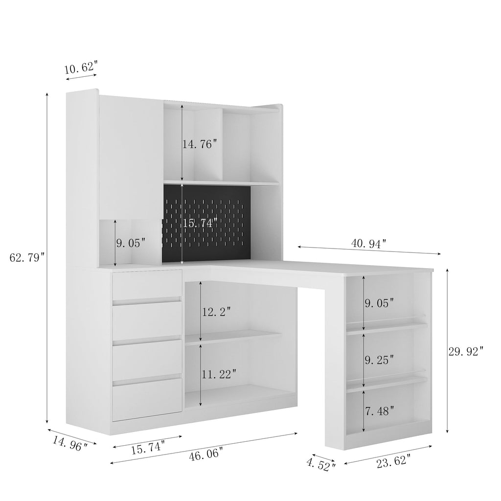 L-Shaped Desk with Bookshelf, Charging Station, Drawers & LED Light