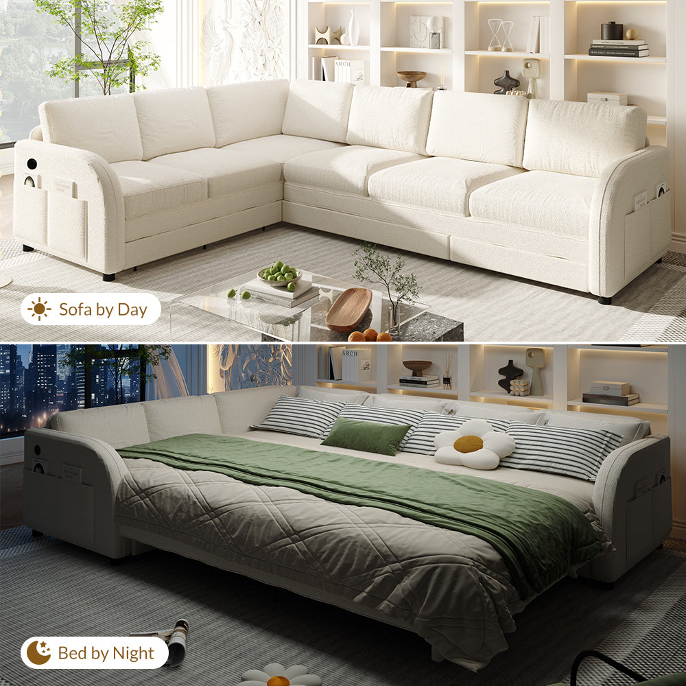 115.2' L-Shaped Sofa Couch with Pull-Out Bed,Oversize Convertible Sleeper Sofa with side Pocket & USB Port,Teddy Upholstered Sectional Couches with Convert Left/Right Facing, Light Grey