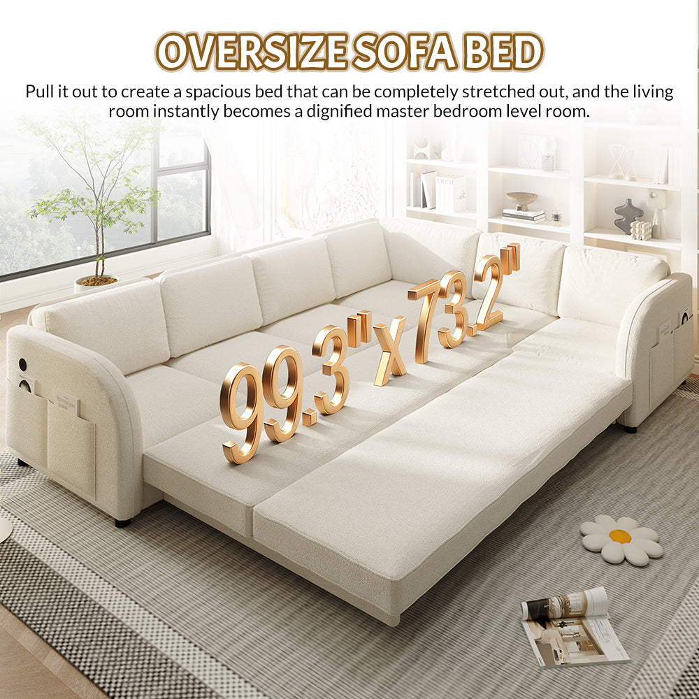 115.2' L-Shaped Sofa Couch with Pull-Out Bed,Oversize Convertible Sleeper Sofa with side Pocket & USB Port,Teddy Upholstered Sectional Couches with Convert Left/Right Facing, Light Grey