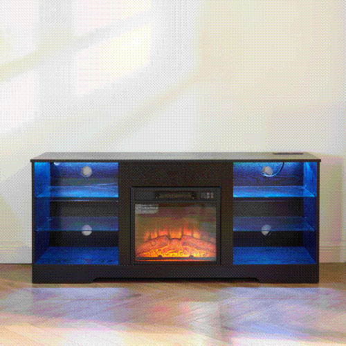 TV Stand with Electric Fireplace — Glass Shelves & USB Outlets for TVs Up to 62"