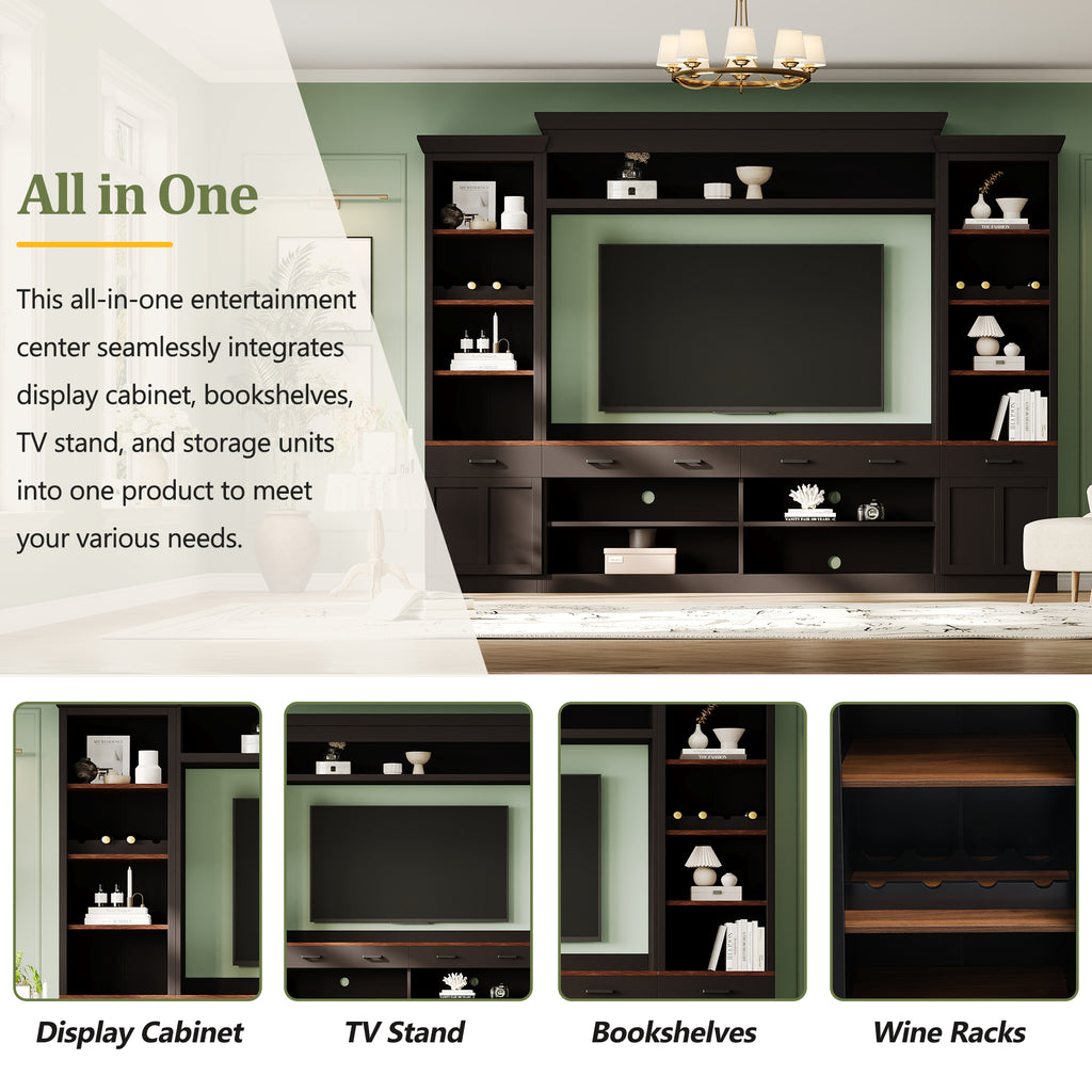 Farmhouse entertainment center with wine racks and adjustable shelves
