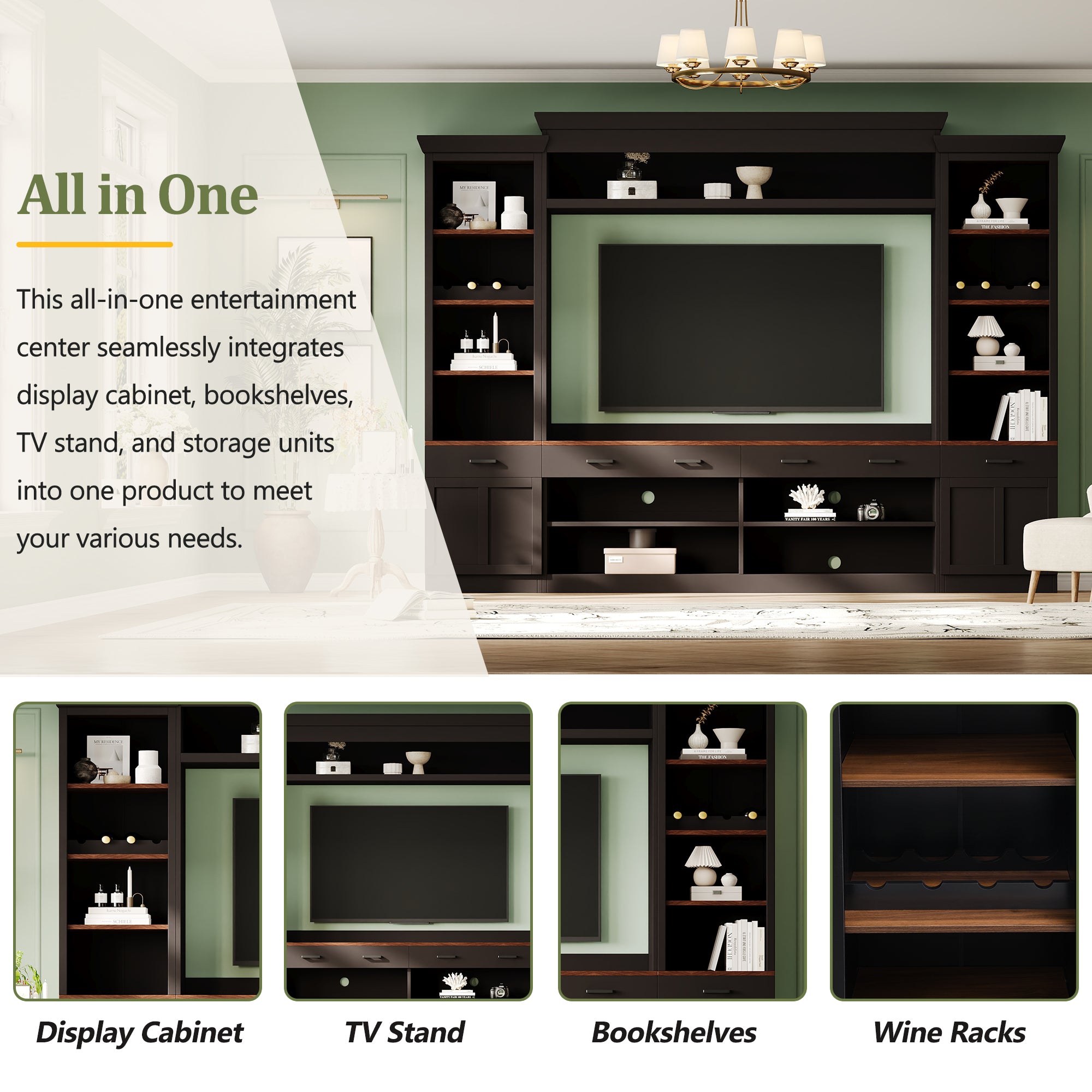 Farmhouse entertainment center with wine racks and adjustable shelves
