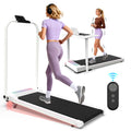 White foldable treadmill with handle bar and incline — front view