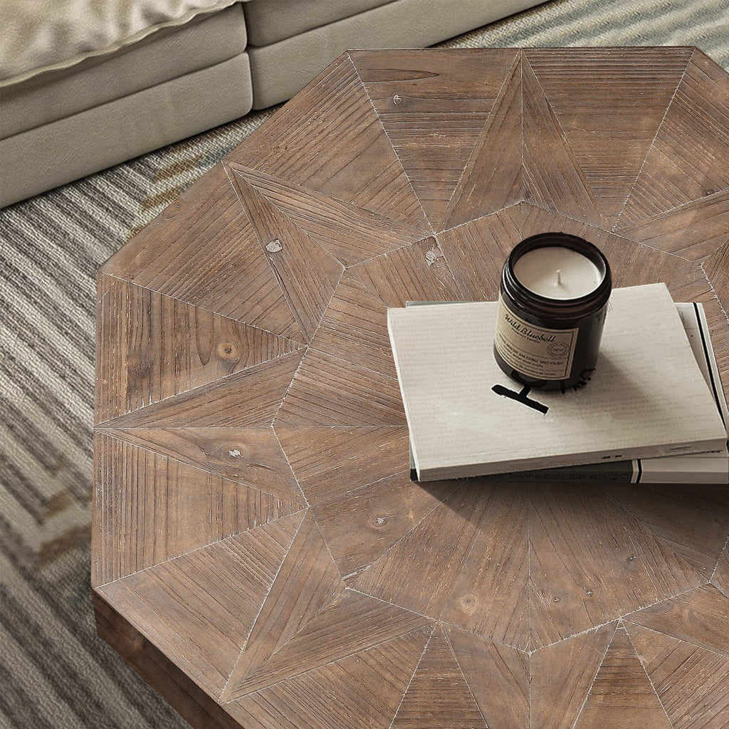 Vintage patchwork octagonal coffee table in living room setting