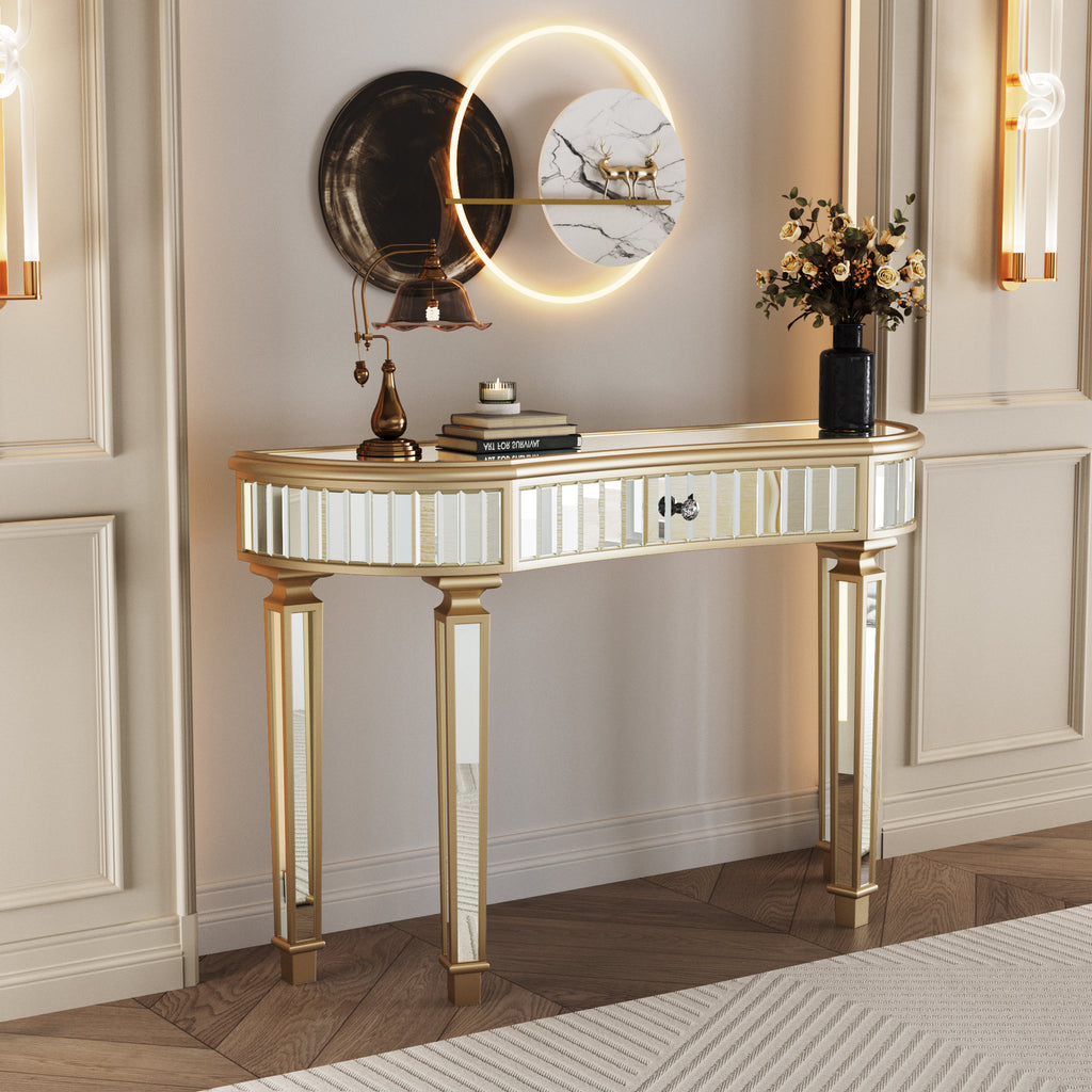Console table crystal knob drawer detail close-up