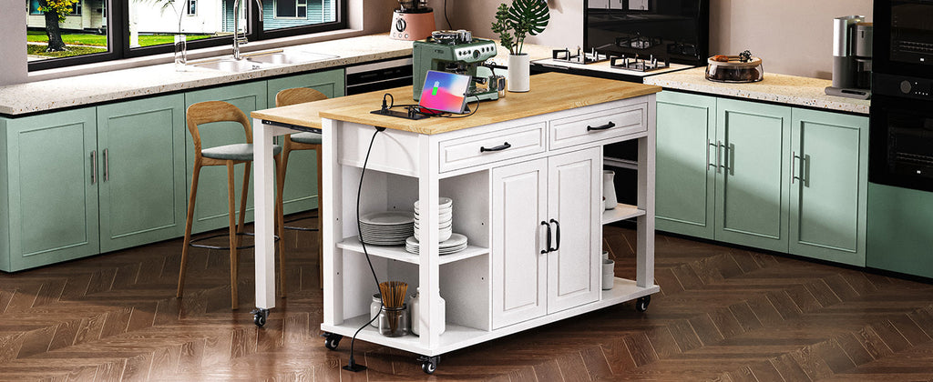 K&K 47 inch Kitchen Island with Extendable Dining Table, Rubber Wood Veneer Kitchen Table with Internal Storage Rack, Power Outlet, Kitchen island with Storage 2 Drawers 2 Cabinet, Black