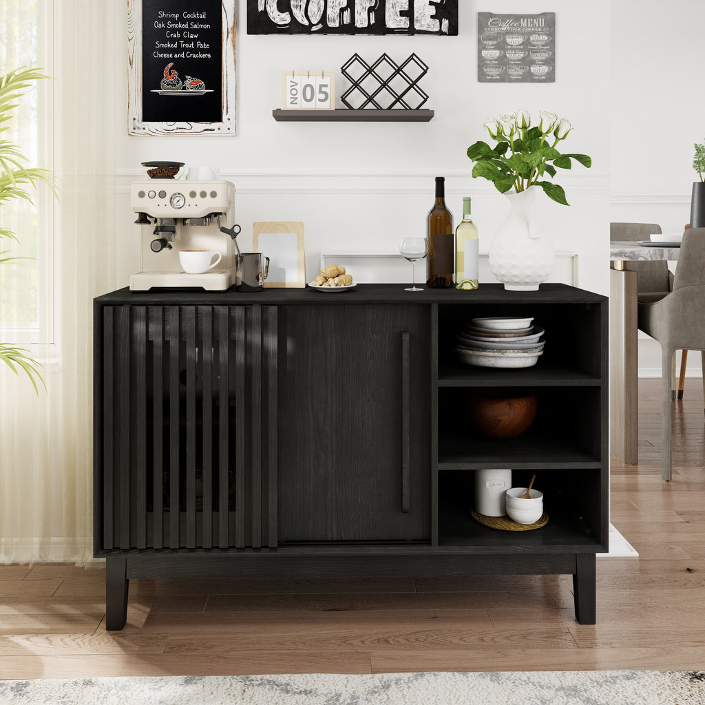 47.3' Sideboard Buffet Cabinet with Storage, Farmhouse Fluted Sideboard with 2 Doors & Solid Wood Feet, TV Media Console, Storage Cabinet for Kitchen Dining Living Room Entryway Hallway, Black