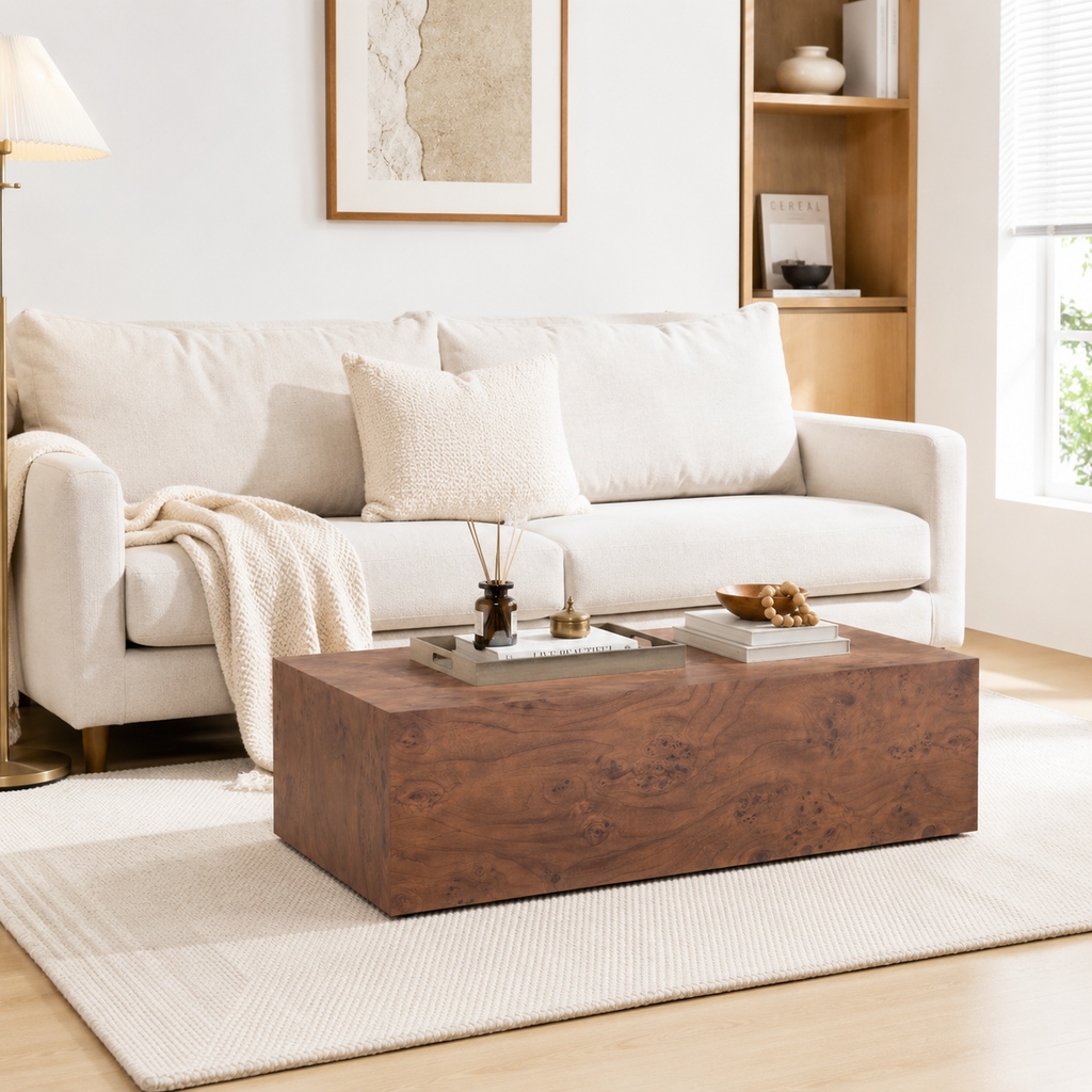 Premium burl walnut veneer coffee table grain texture close-up