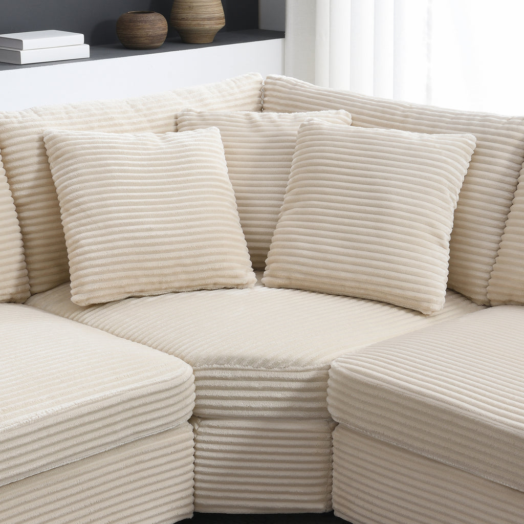 Beige corduroy sectional sofa side angle modular pieces
