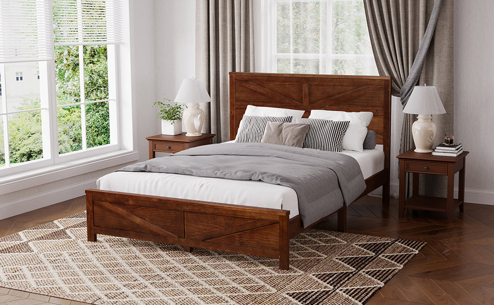 Farmhouse Style Queen Size Bed with Barn Door Designed Headboard and Footboard, Pinewood Bed with Strengthened Bed Frame ,White