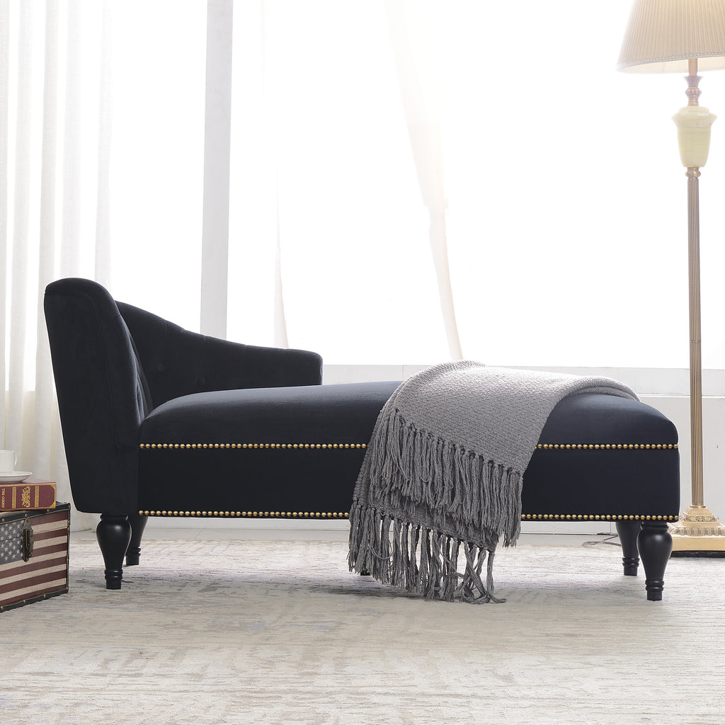 Solid wood leg detail on black chaise lounge