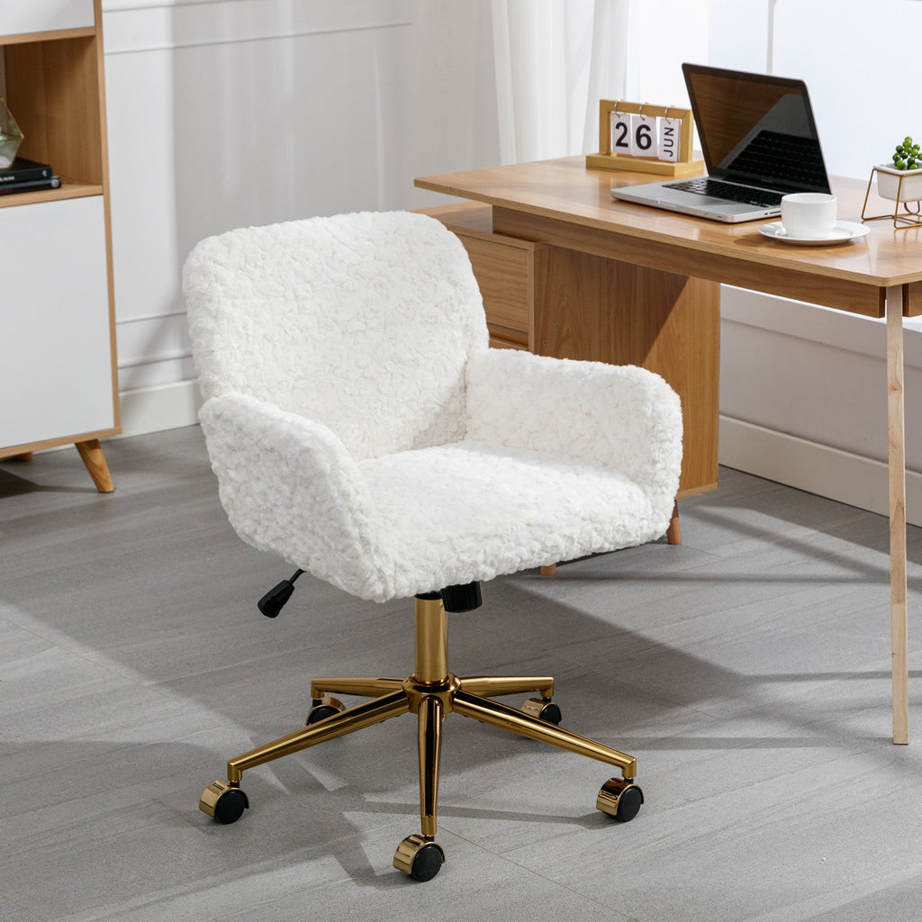 Faux Fur Office Chair — 40° Reclining with Gold Metal Base & Wheels