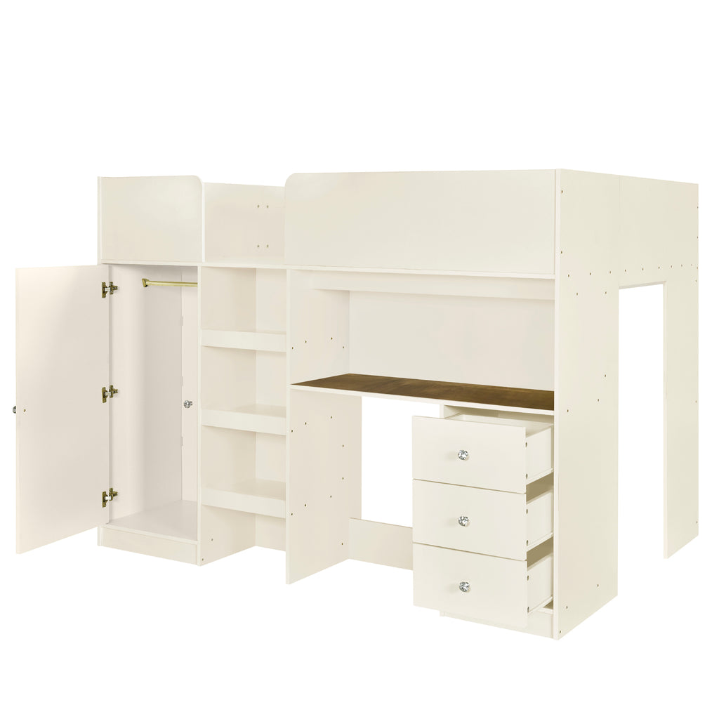 Beige pine wood loft bed desk workstation
