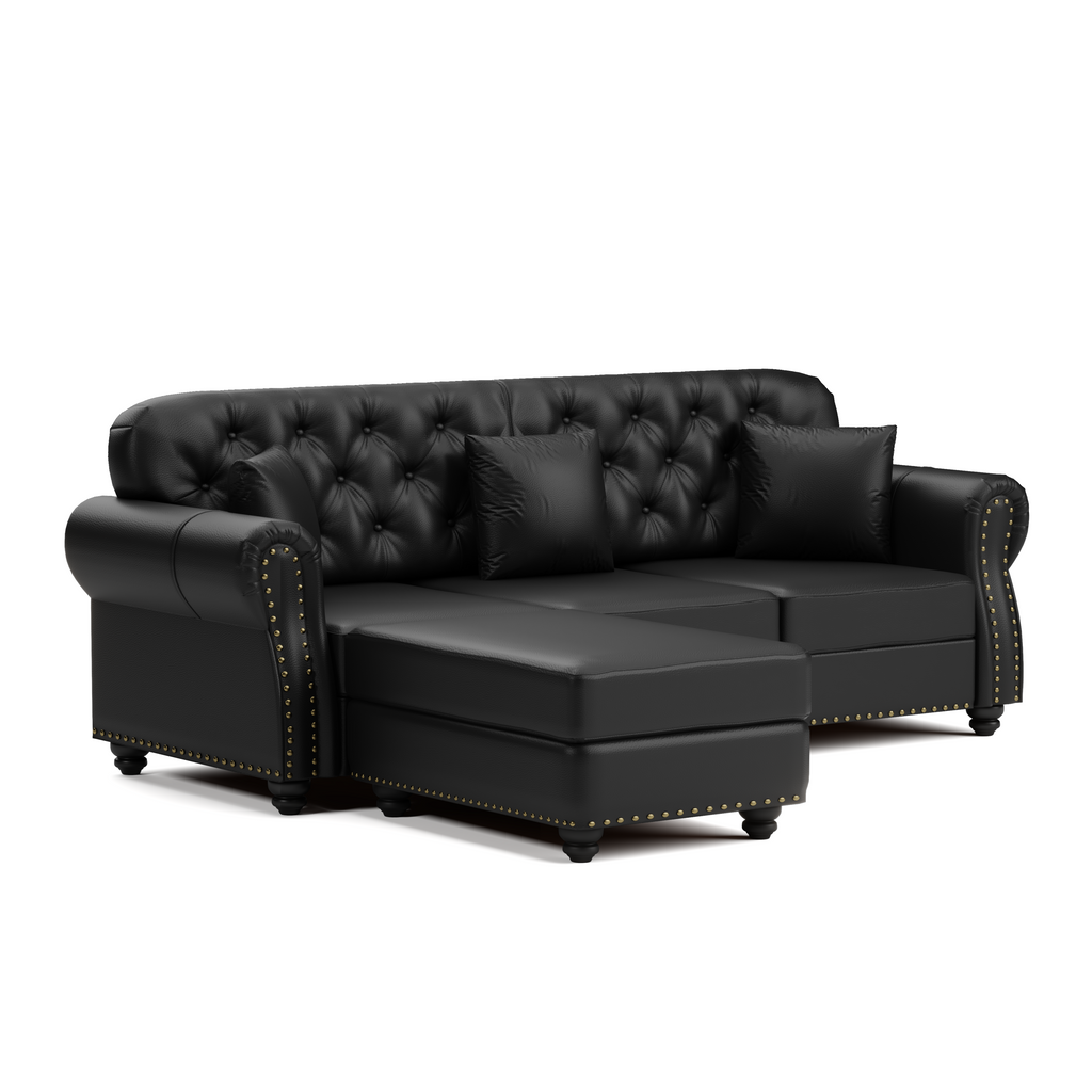 82.6'Upholstered Faux Leather Sofa with Nailhead Trim and Rolled Armrests,Mid-Century Modern Chesterfield Sofa with Button Tufted,Includes 3 Pillows,Black