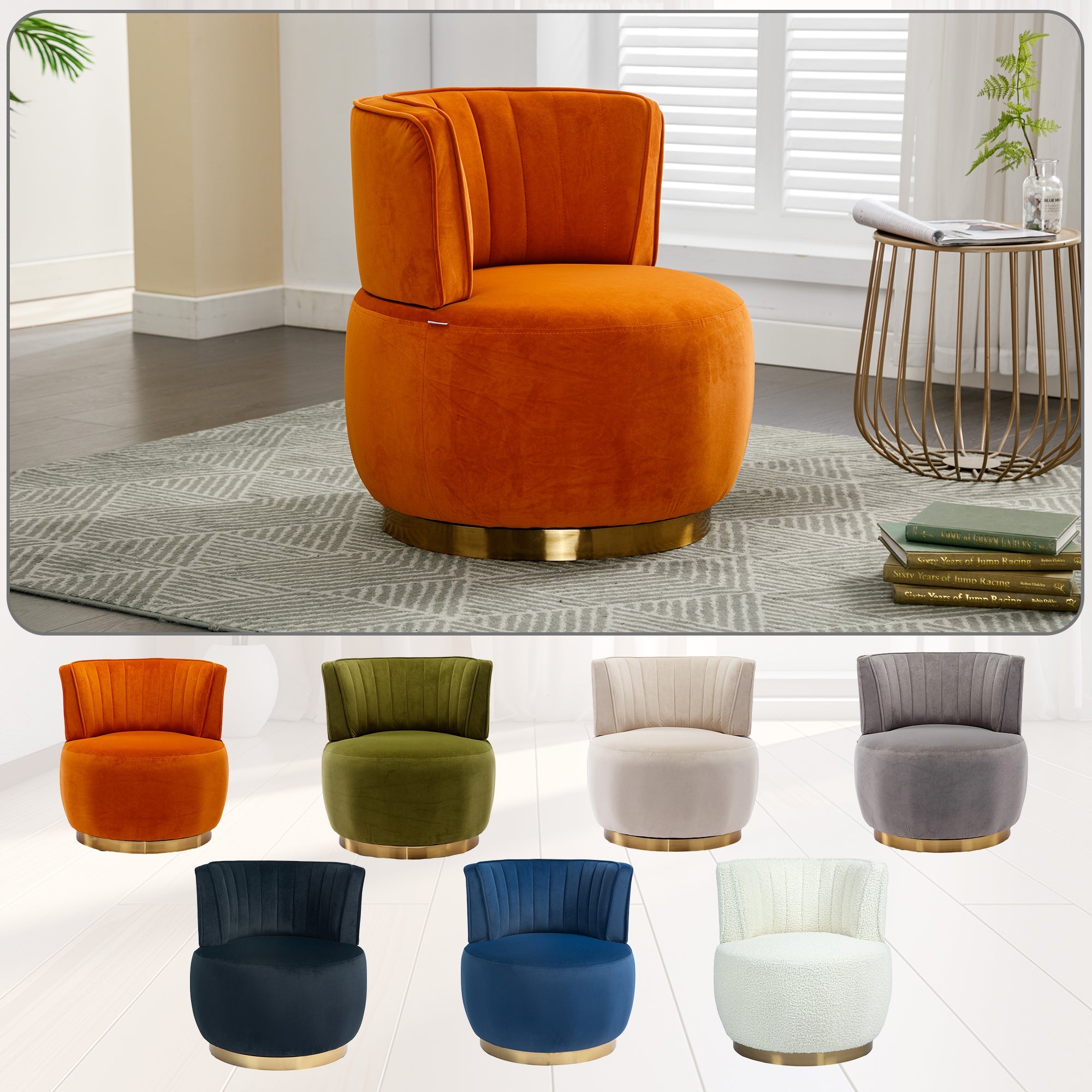 Velvet Swivel Barrel Chair — 360° Round Accent