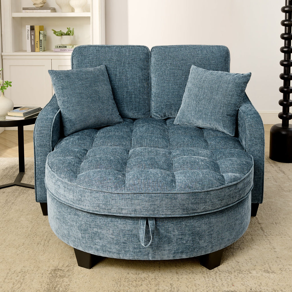 Two-seater sofa, double sofa chaise longue, with irregular armrests and backrests, footrest with storage space, comes with two small throw pillows, suitable for living room and bedroom -Blue