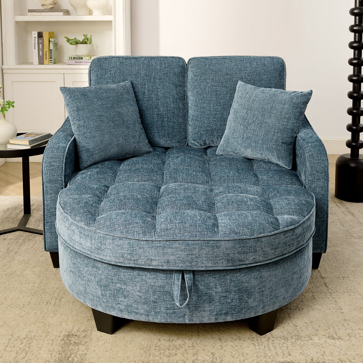 Two-seater sofa, double sofa chaise longue, with irregular armrests and backrests, footrest with storage space, comes with two small throw pillows, suitable for living room and bedroom -Blue
