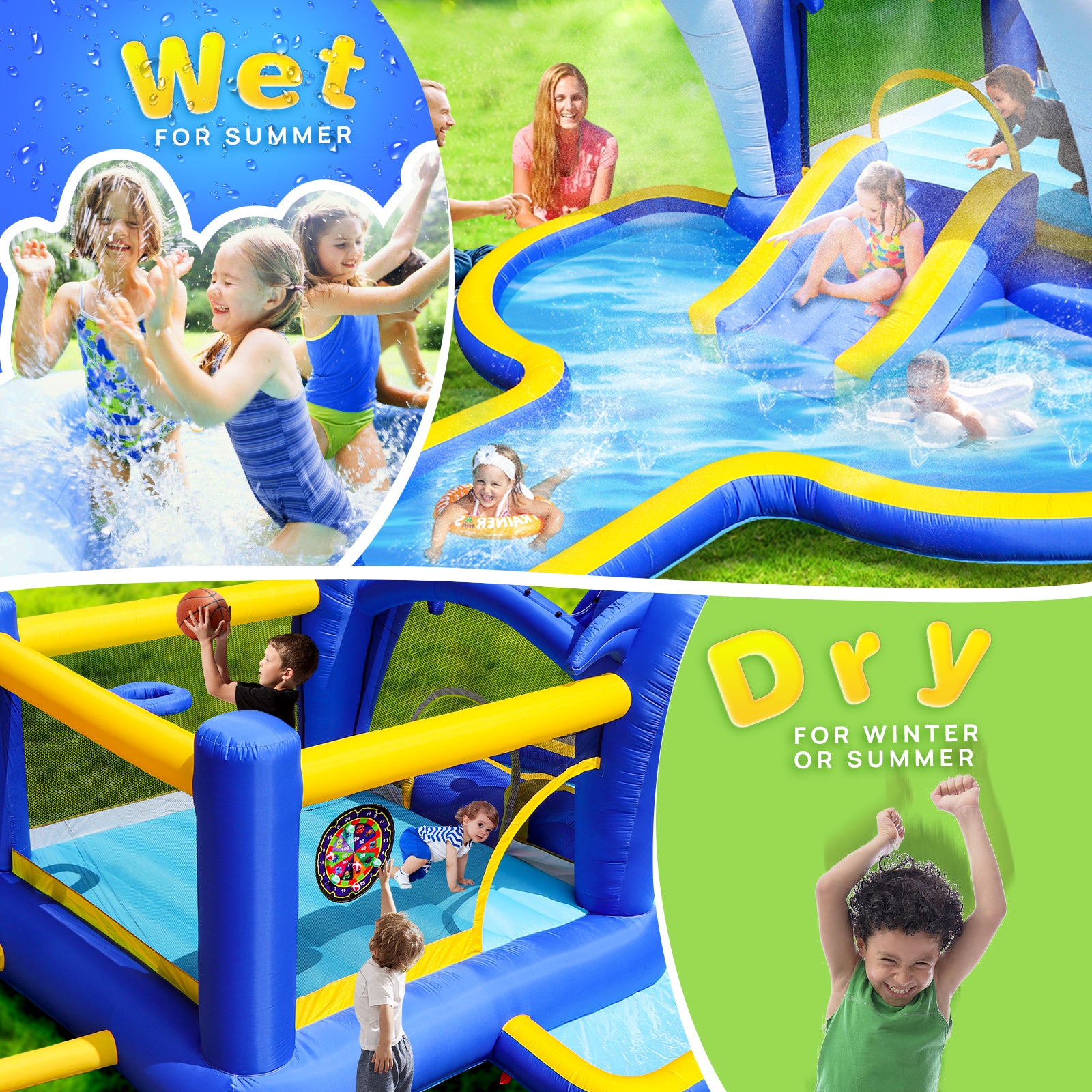 Backyard inflatable water park with target games detail