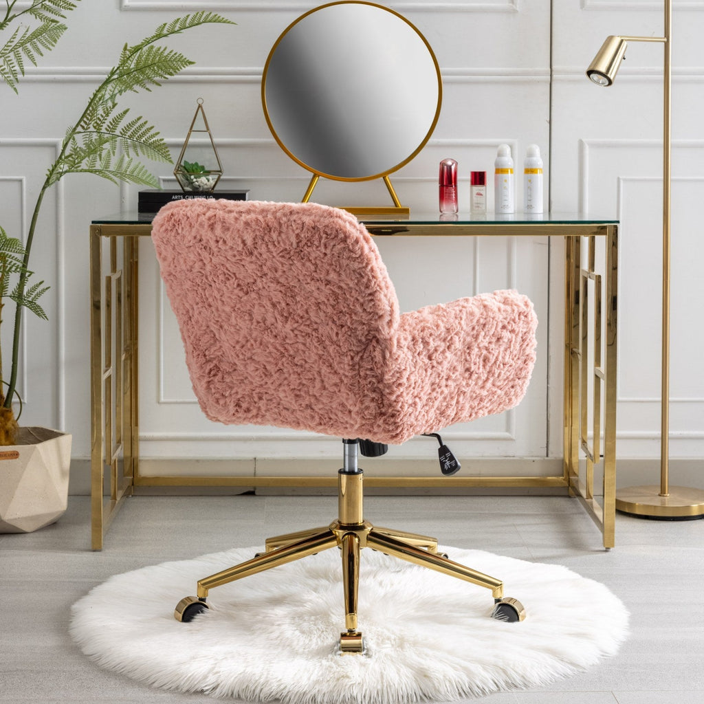 Faux Fur Office Chair — 40° Reclining with Gold Metal Base & Wheels