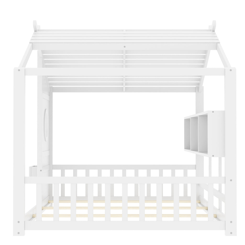 Full Size Floor House Bed for Toddler, Kids Montessori Bed with Storage Shelf, Playhouse Bed with Roof Design, Gray