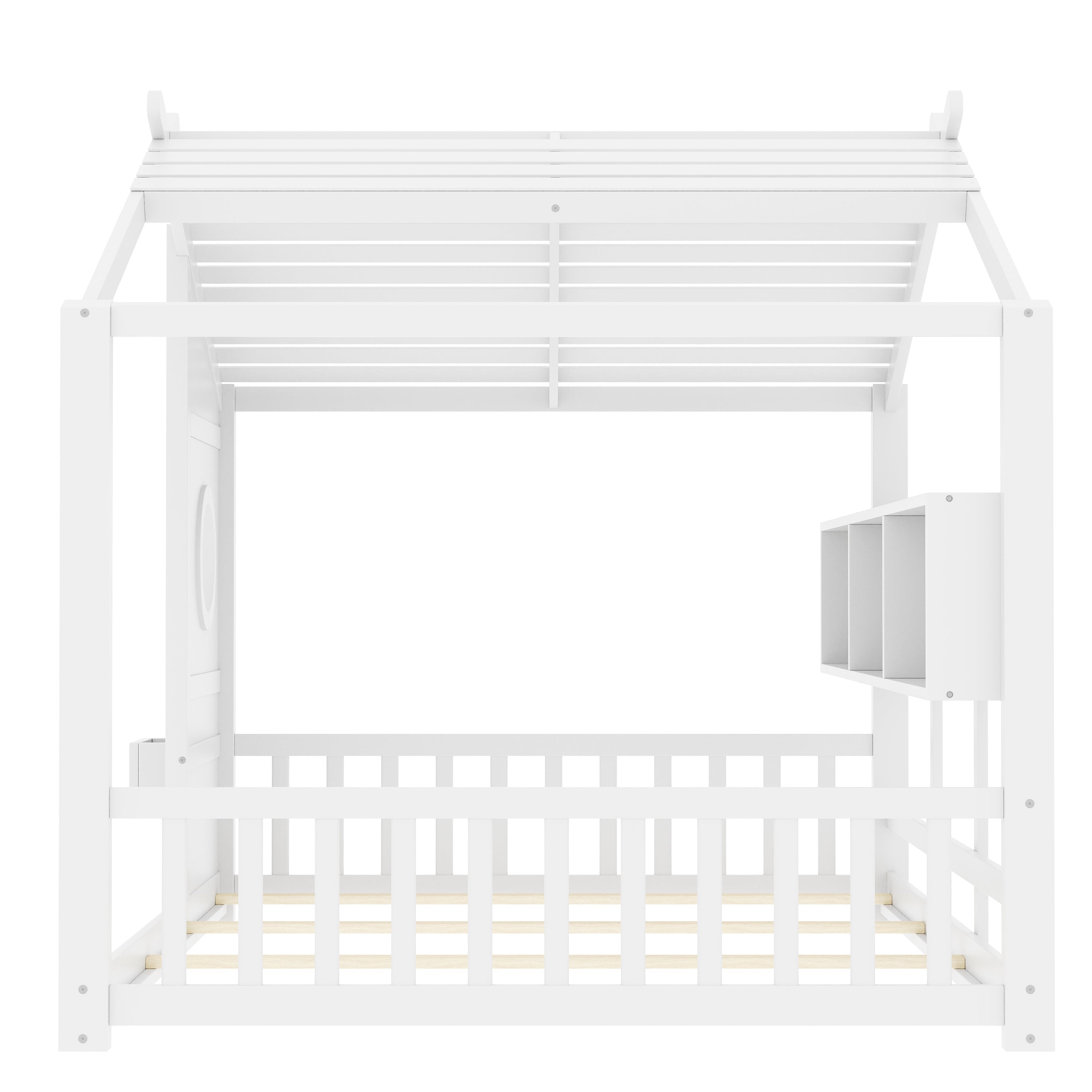 Full Size Floor House Bed for Toddler, Kids Montessori Bed with Storage Shelf, Playhouse Bed with Roof Design, Gray