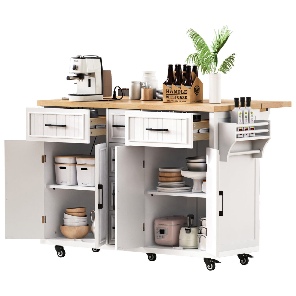 K&K 56.5'' Kitchen Island with Drop Leaf, Power Outlet, Embossed Vertical Stripe Rolling Kitchen Cart on Wheels with 4 Doors , 5 Deep Drawers and Adjustable Shelves, for Kitchen, Dining Room, Black