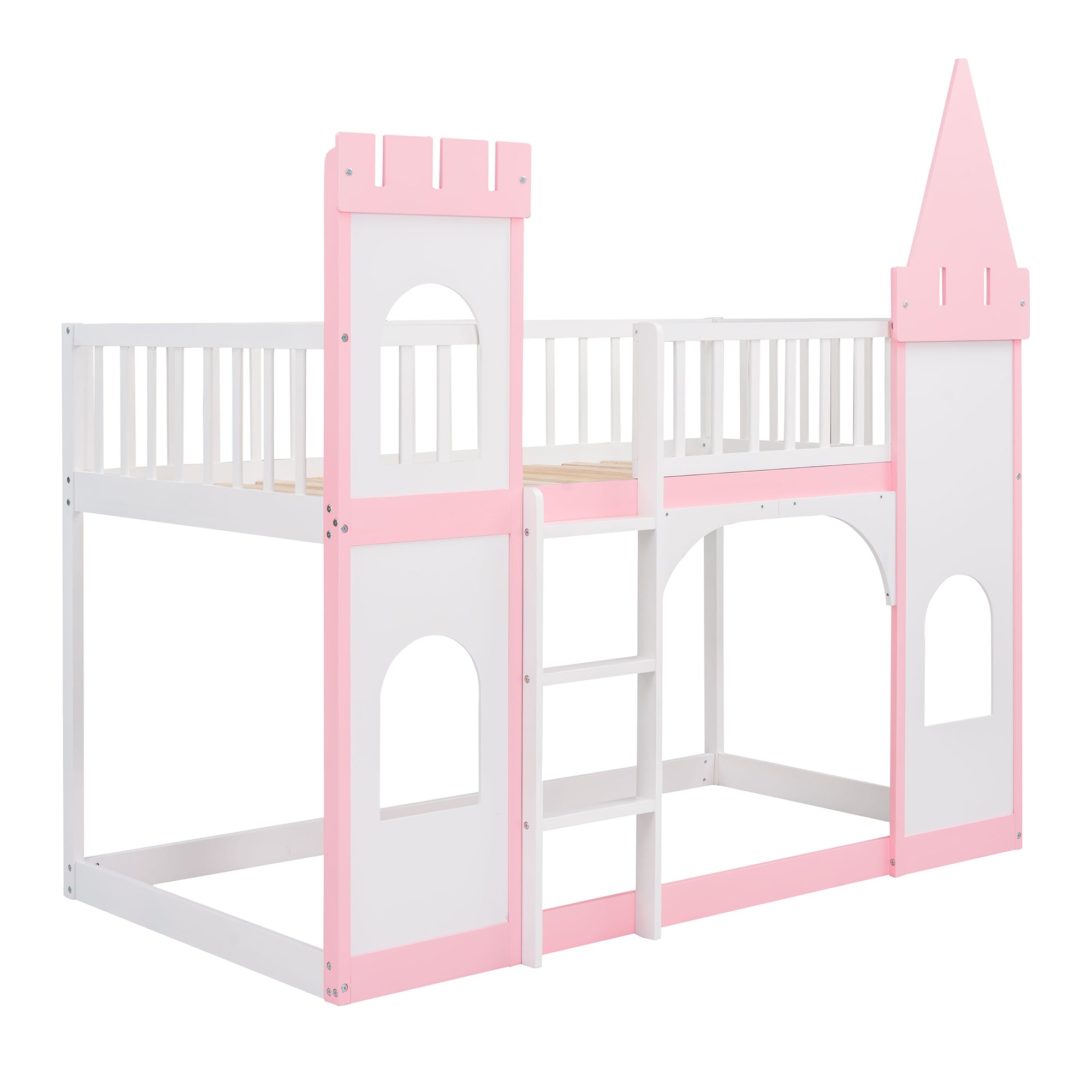 Pink pine wood bunk bed frame in kids bedroom setting