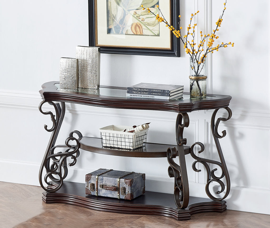 Brown glass-top sofa table marble shelf — front view