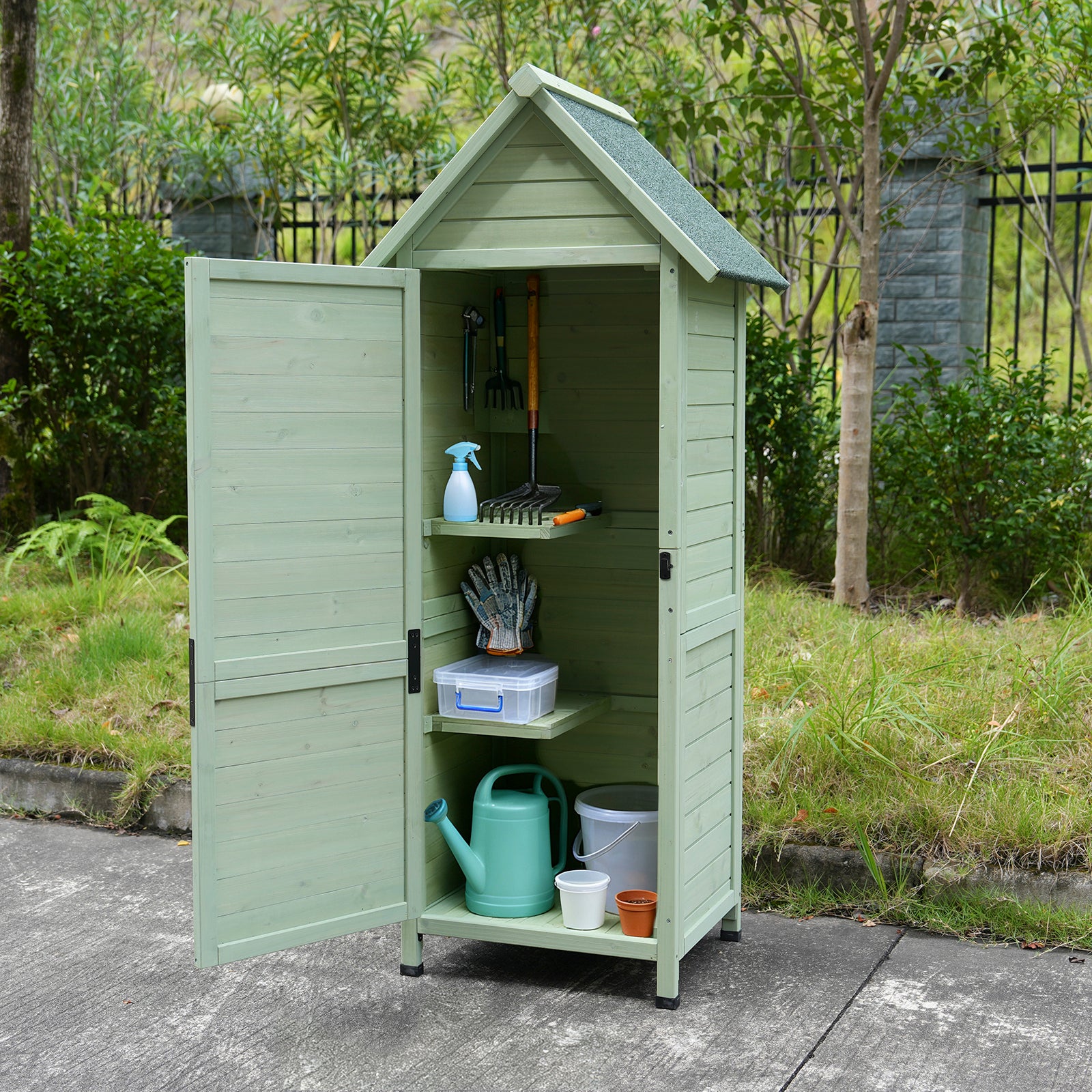 Outdoor Wooden Storage Shed, Tall Narrow Garden Tool Cabinet with Lockable Door & 2 Shelves, Waterproof Asphalt Roof, Vertical Tool Organizer for Patio, Backyard, Lawn