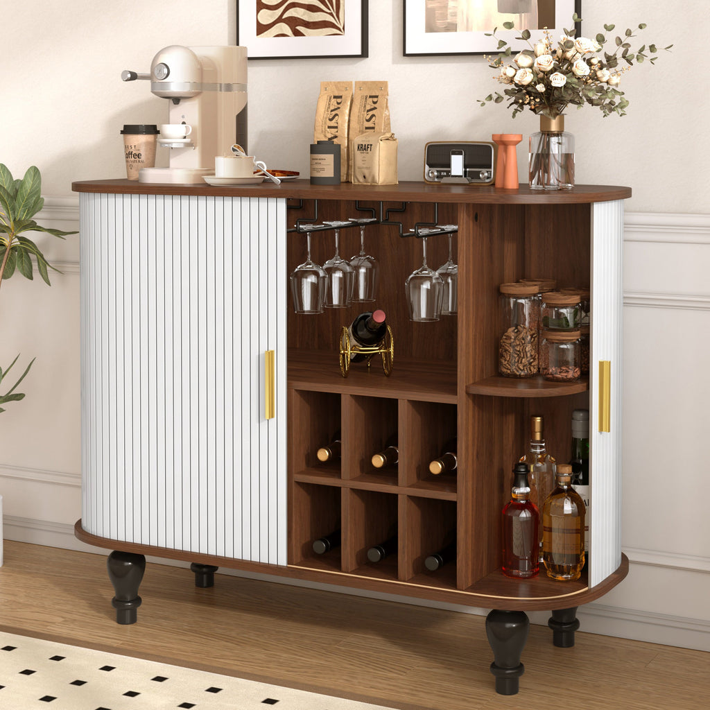 39' Fluted Liquor & Coffee Bar Cabinet with 6 Wine Racks and 3 Glass Holders, Mid-Century Modern Bar Cabinet with A Large Storage Drawer ,4 Hidden Storage Space on the Side , Black