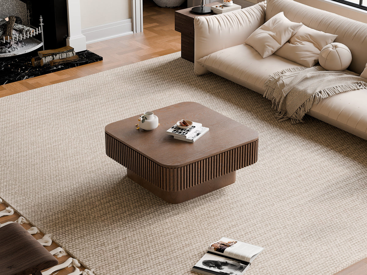 31.5'' Square Coffee Table with Storage Solid Wood Veneered Modern Coffee Table Accent Tea Table for Living Room, Bedroom, Apartment or Office, Natural Wood