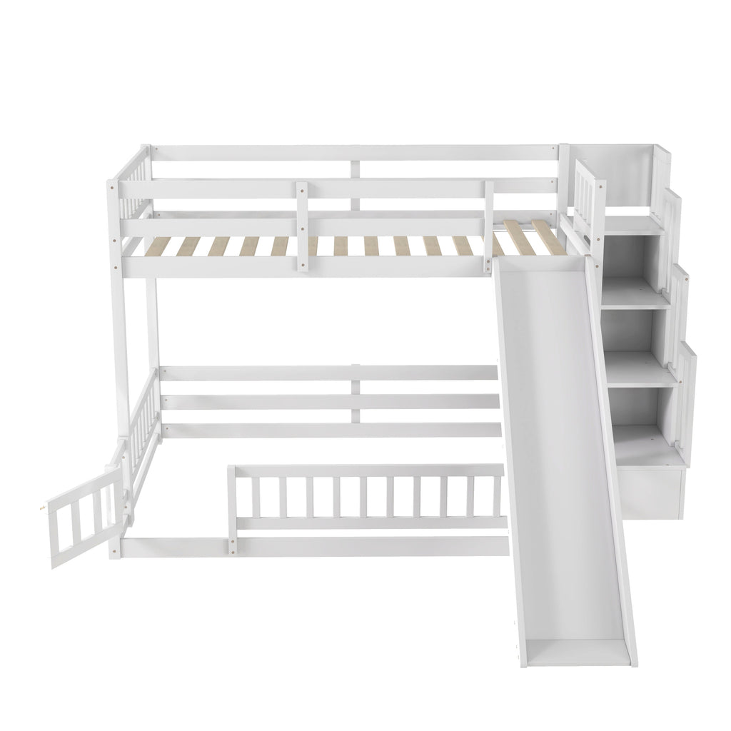 Twin Over Full Bunk Bed with Slide, Storage Staircase, Pine Solid Wooden Bunk Bed with Safety Guardrails ,Grey (Old Sku W504S00184)