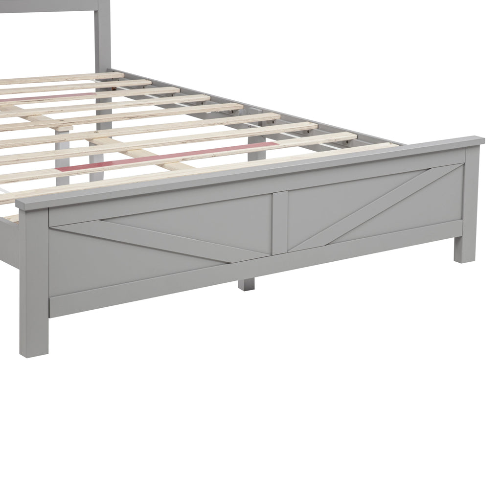 Farmhouse Style Queen Size Bed with Barn Door Designed Headboard and Footboard, Pinewood Bed with Strengthened Bed Frame ,White