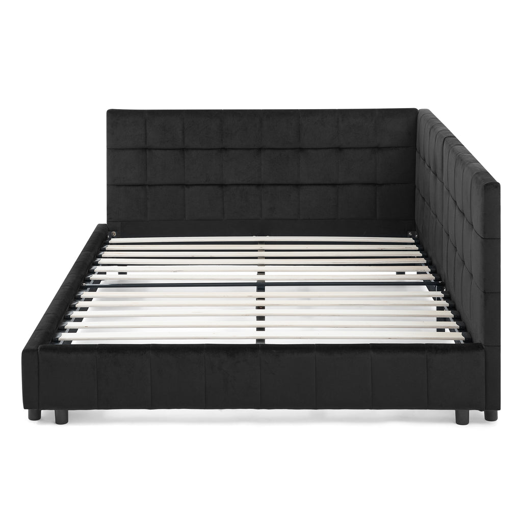 Black velvet full size bed frame — profile view