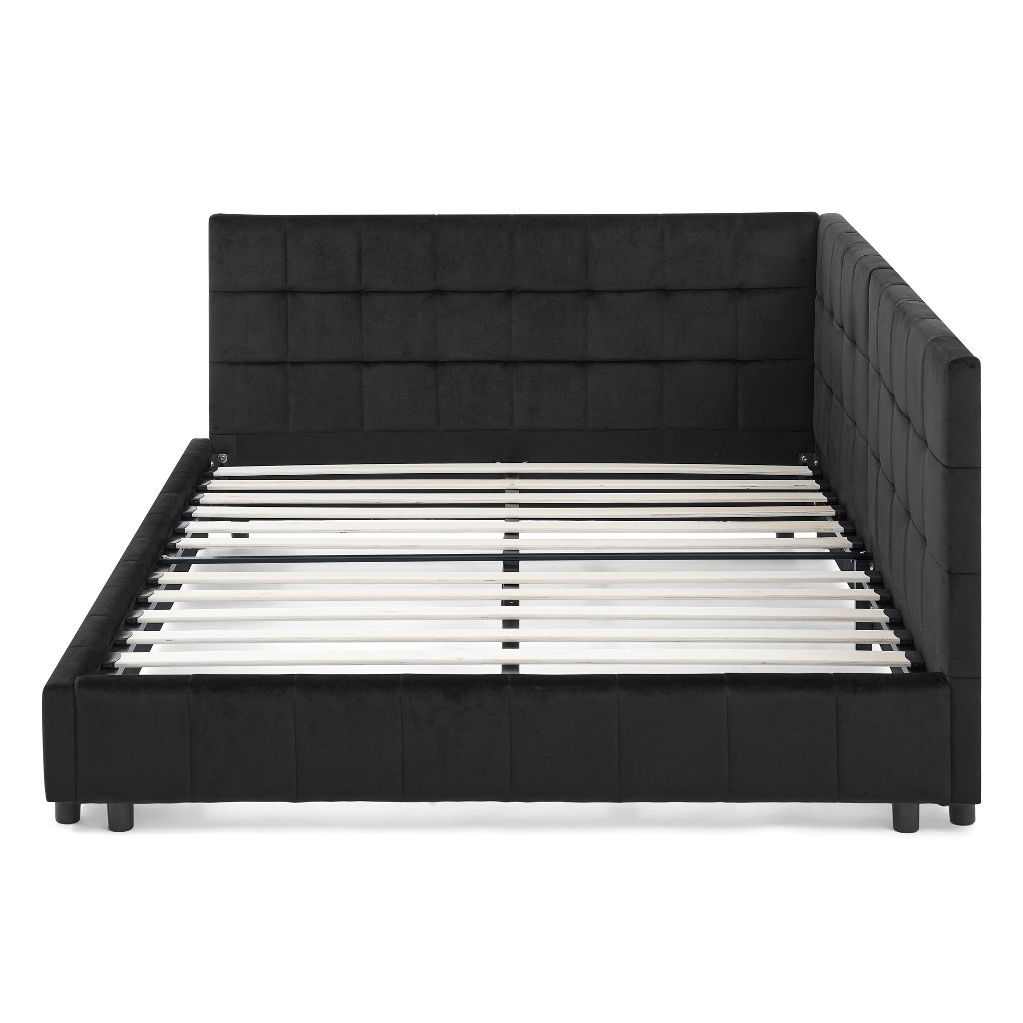 Black velvet full size bed frame — profile view